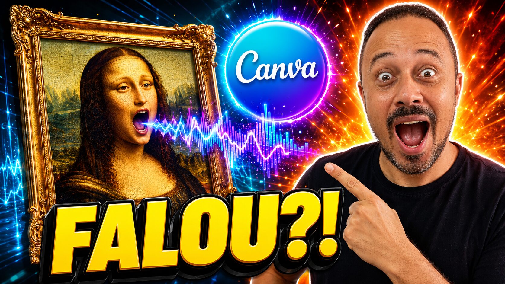 Professor surpreso apontando para uma Mona Lisa falante no Canva, com destaque para recurso de áudio e animação com inteligência artificial.