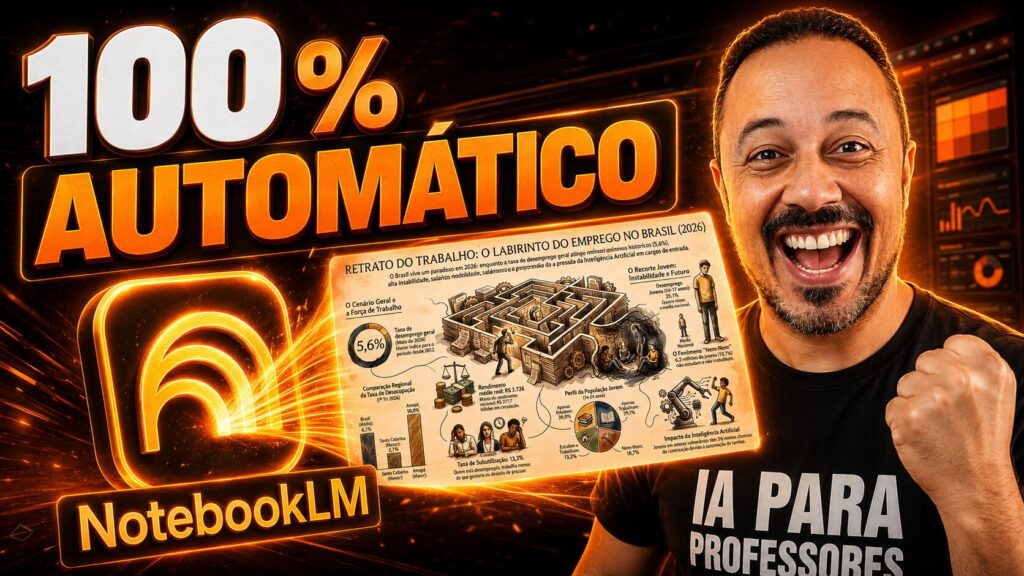 Professor sorrindo ao lado do NotebookLM, com destaque para a criação automática de infográficos e materiais visuais com inteligência artificial.