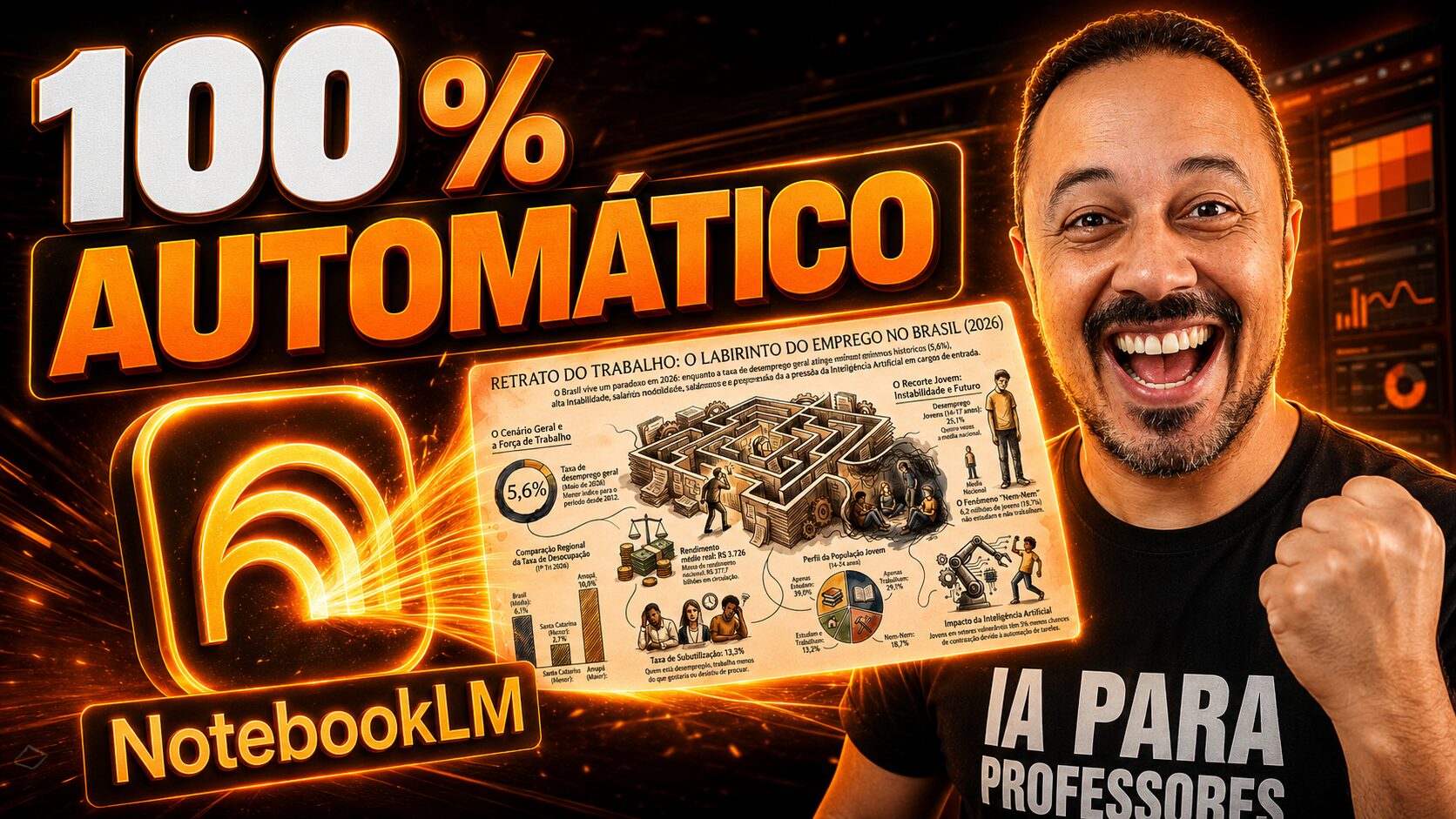 Professor sorrindo ao lado do NotebookLM, com destaque para a criação automática de infográficos e materiais visuais com inteligência artificial.