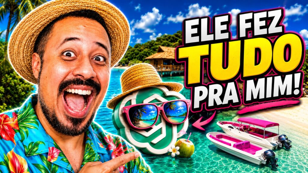 Professor sorrindo em cenário de praia tropical ao lado do logo do ChatGPT, com destaque para como criar um plano de viagem personalizado com inteligência artificial.