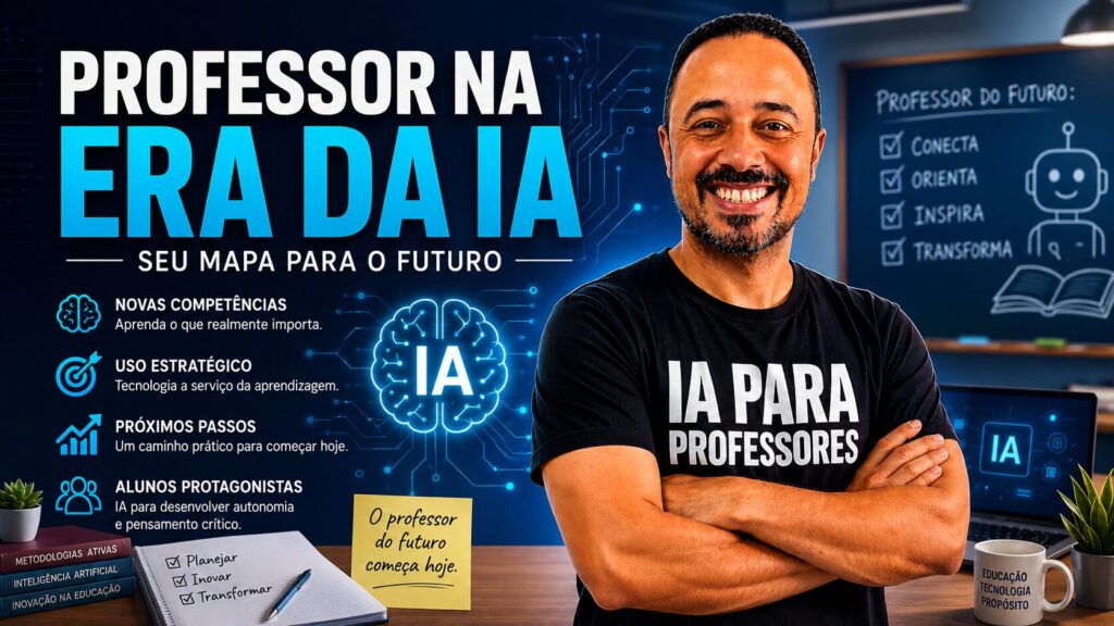 Professor sorrindo ao lado da chamada “Professor na Era da IA”, com elementos visuais sobre novas competências, uso estratégico da tecnologia e alunos protagonistas.