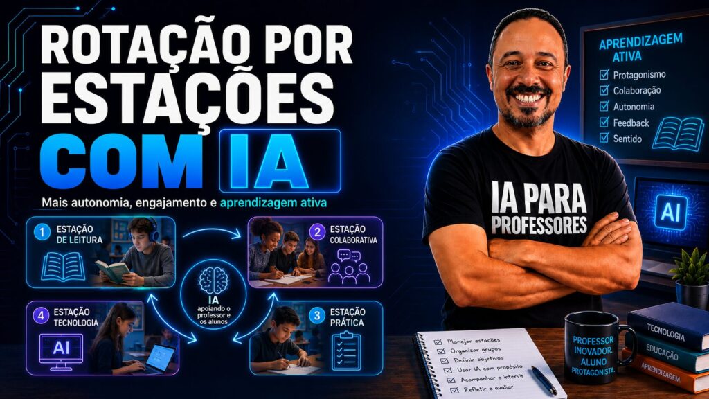 Professor sorrindo ao lado de um painel sobre rotação por estações com IA, mostrando estações de leitura, colaboração, prática e tecnologia.