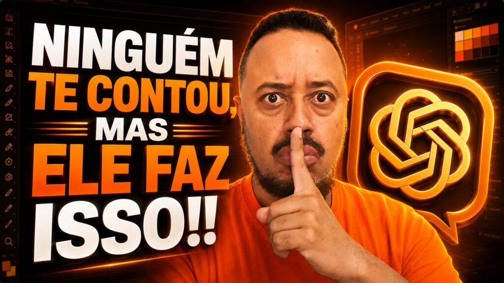 Professor fazendo sinal de silêncio ao lado do logo do ChatGPT, com destaque para recursos pouco conhecidos de inteligência artificial.