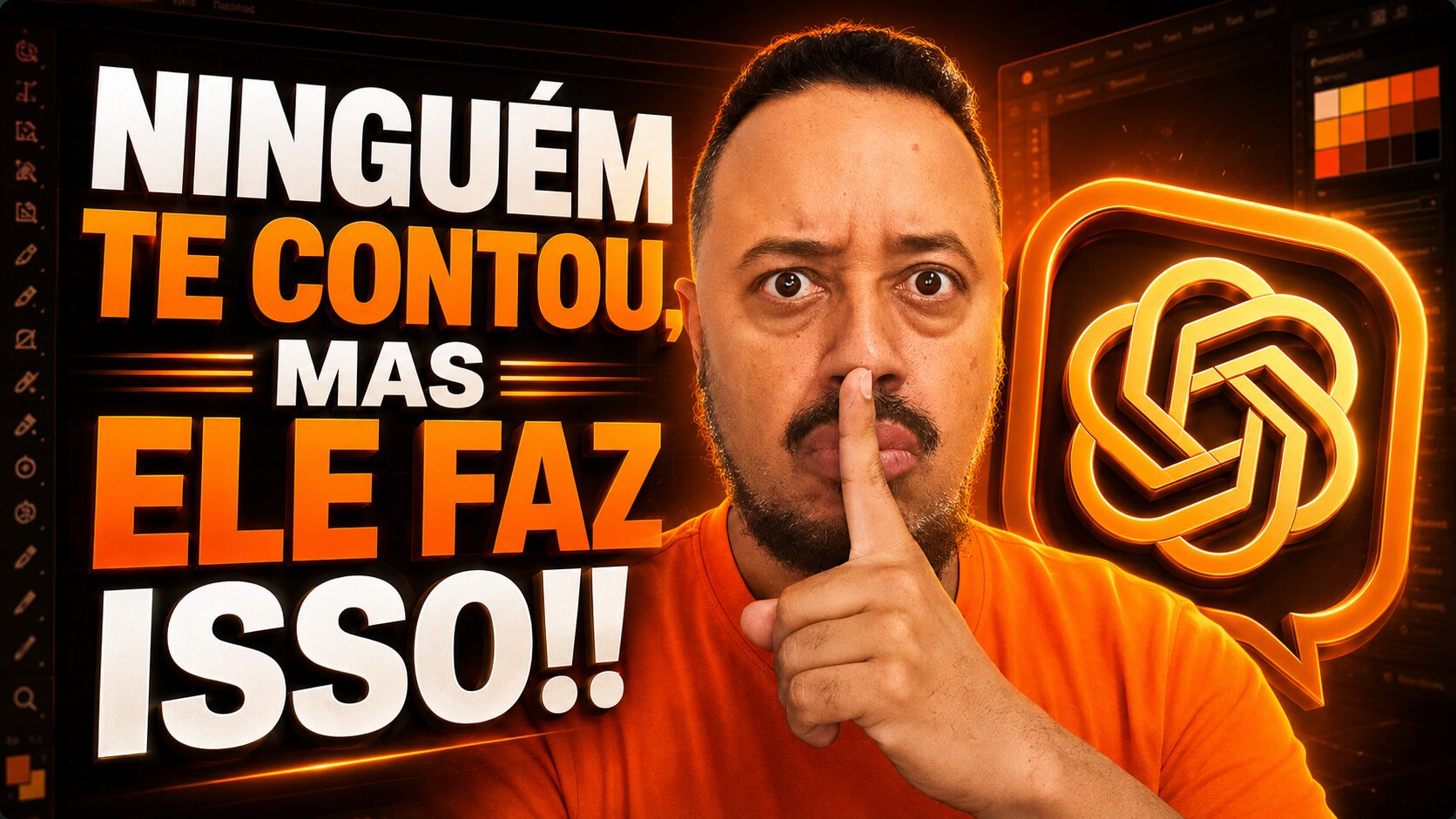 Professor fazendo sinal de silêncio ao lado do logo do ChatGPT, com destaque para recursos pouco conhecidos de inteligência artificial.