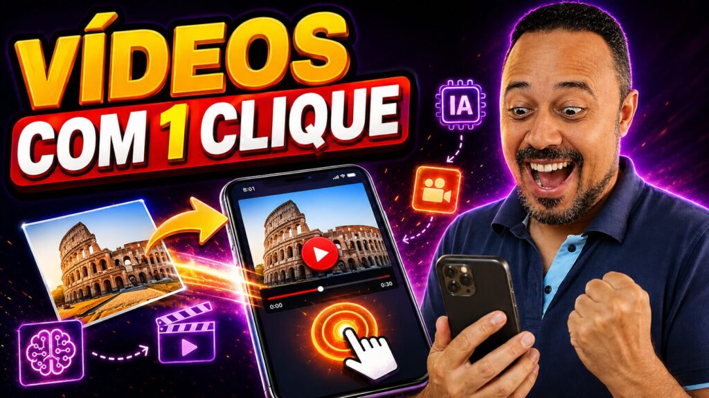 Professor sorrindo com celular ao lado de uma imagem sendo transformada em vídeo por inteligência artificial, com destaque para vídeos criados com um clique.