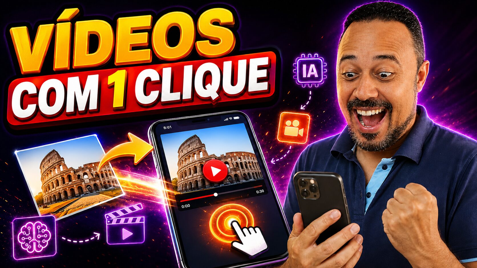 Professor sorrindo com celular ao lado de uma imagem sendo transformada em vídeo por inteligência artificial, com destaque para vídeos criados com um clique.