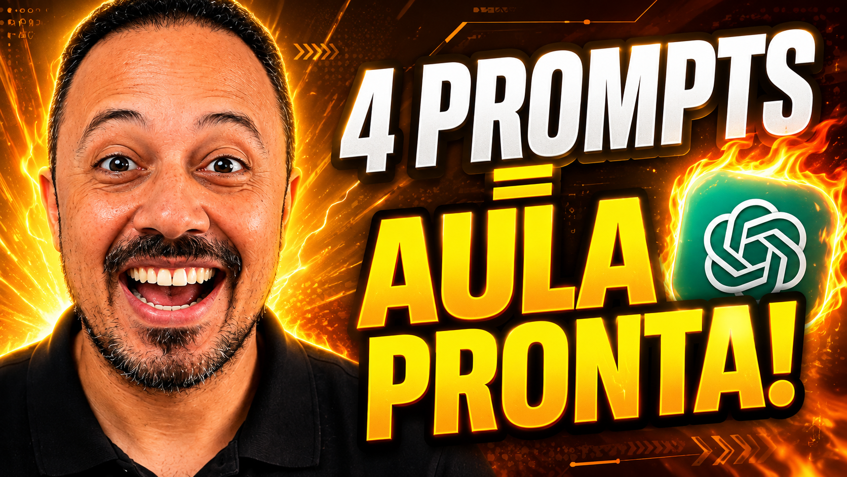 Professor sorrindo ao lado da chamada “4 prompts = aula pronta!”, com ícone do ChatGPT em destaque e fundo tecnológico em tons de laranja.