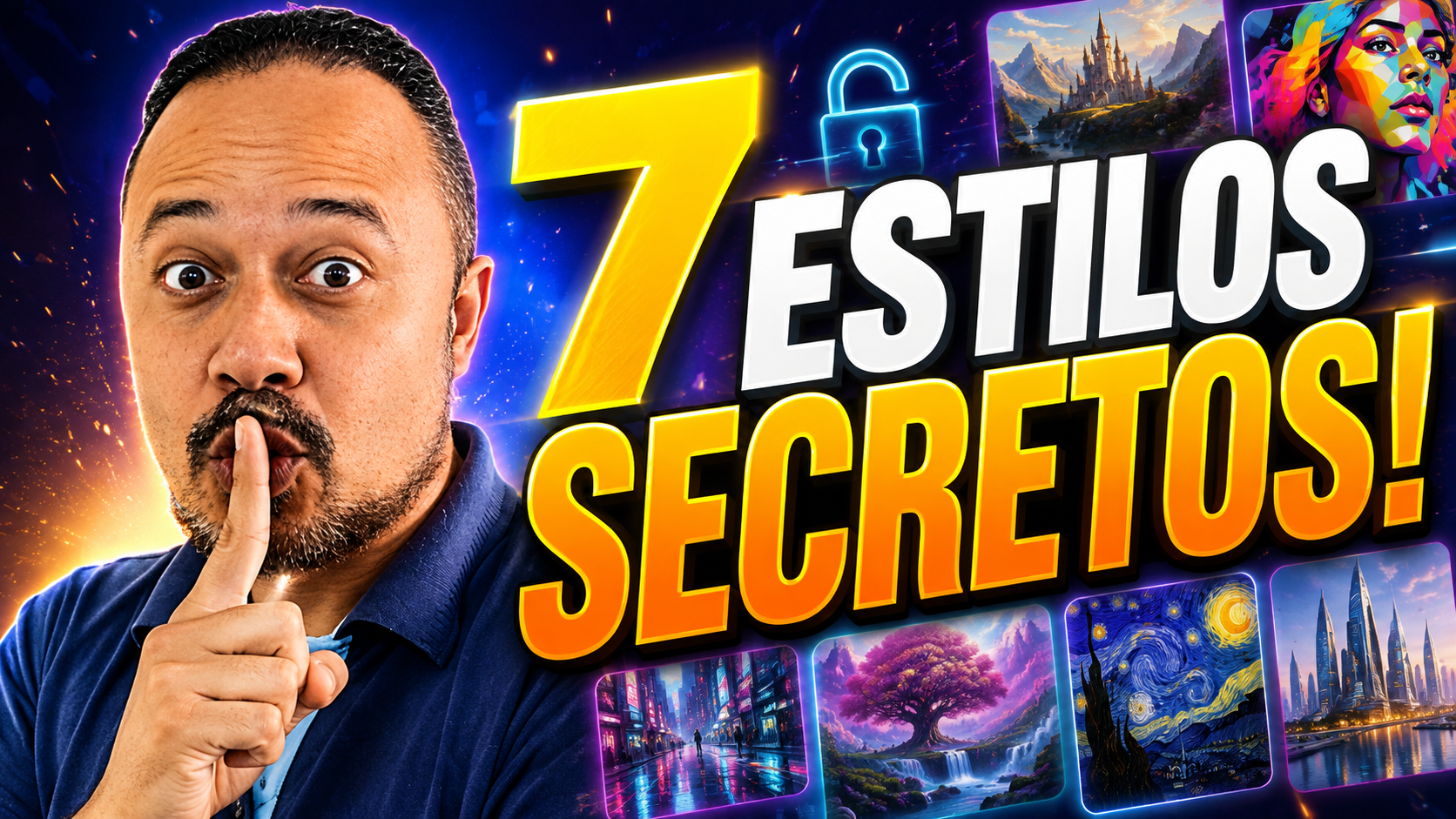 Professor fazendo sinal de silêncio ao lado da chamada “7 estilos secretos!”, com exemplos visuais coloridos de diferentes estilos de imagem gerados por inteligência artificial.