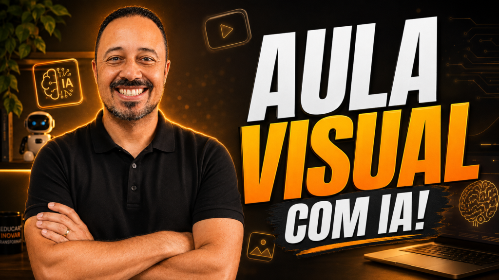 Professor sorrindo ao lado da chamada “Aula visual com IA!”, em cenário tecnológico com laptop, ícones de inteligência artificial e fundo escuro com luzes laranja.