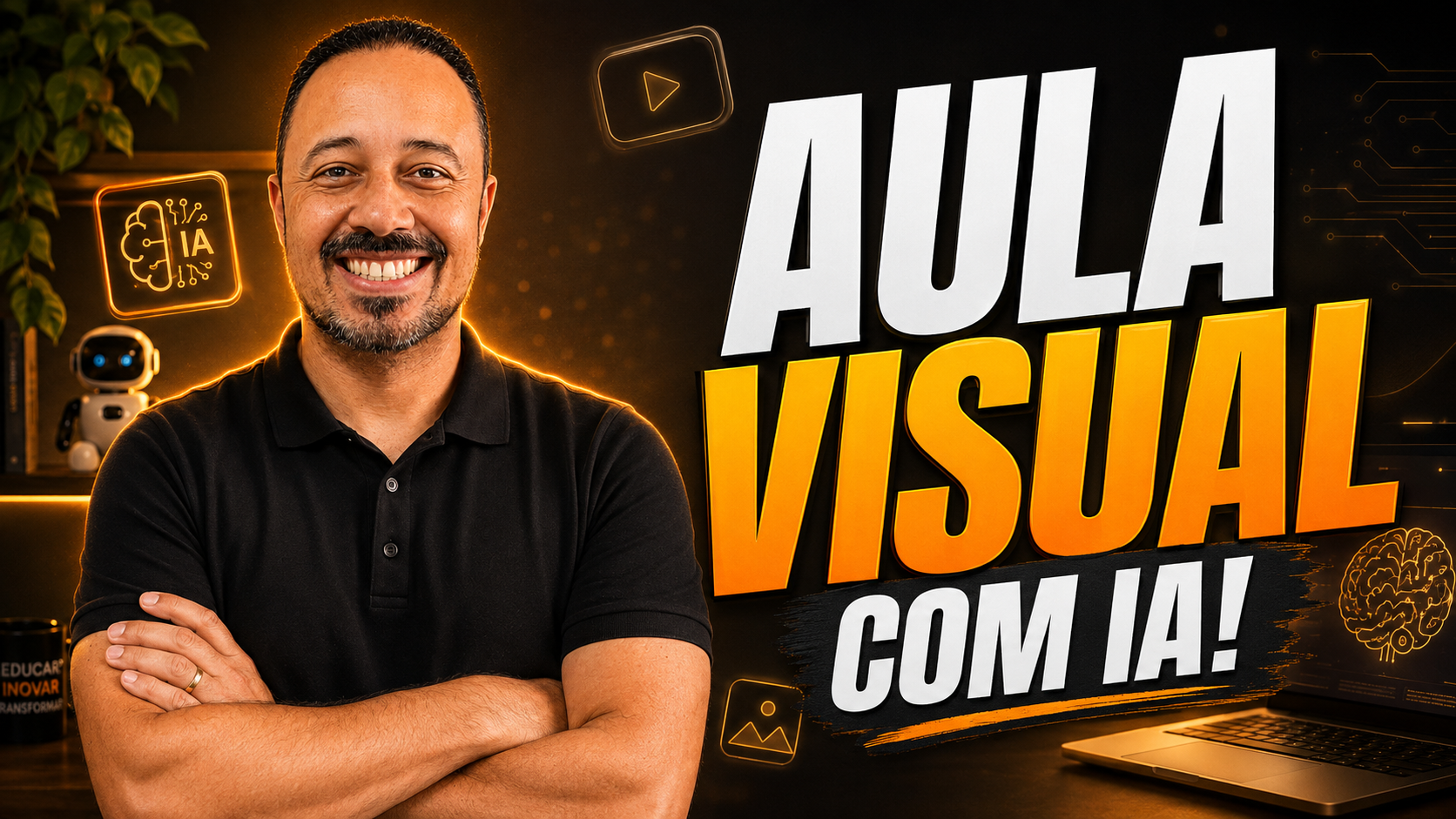 Professor sorrindo ao lado da chamada “Aula visual com IA!”, em cenário tecnológico com laptop, ícones de inteligência artificial e fundo escuro com luzes laranja.