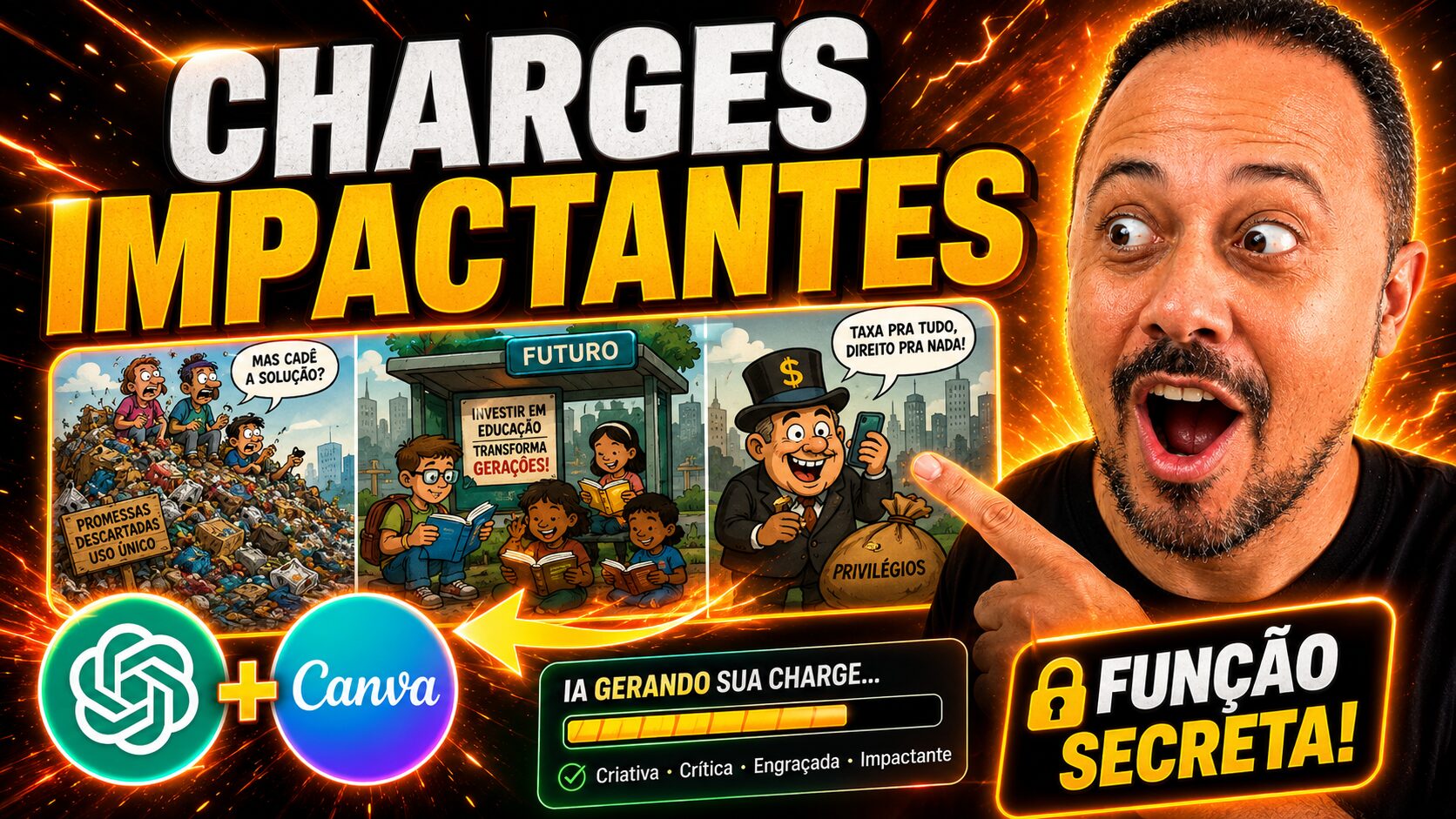 Professor apontando para uma charge criada com ChatGPT e Canva, com chamada “Charges Impactantes” e destaque para função secreta de criação.