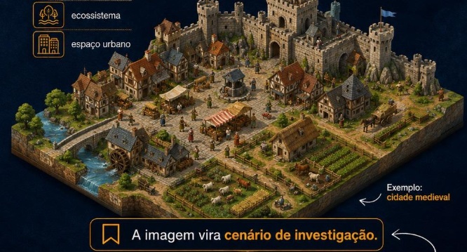 Ilustração isométrica de uma cidade medieval usada como cenário de investigação, com castelo, casas, mercado, rio, moinho, plantações, animais e personagens