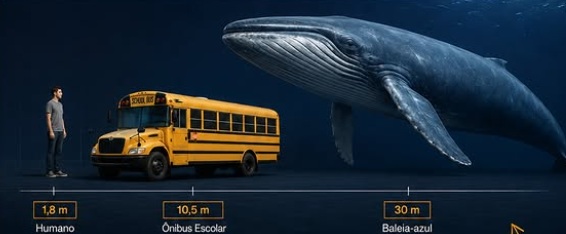 Imagem educativa comparando o tamanho de um humano, um ônibus escolar e uma baleia-azul, com medidas aproximadas de 1,8 m, 10,5 m e 30 m