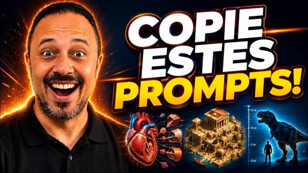 Professor com expressão animada ao lado da chamada “Copie estes prompts!”, com imagens de coração humano, construção histórica e dinossauro representando prompts visuais para aulas.