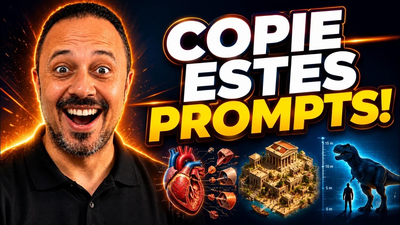 Professor com expressão animada ao lado da chamada “Copie estes prompts!”, com imagens de coração humano, construção histórica e dinossauro representando prompts visuais para aulas.