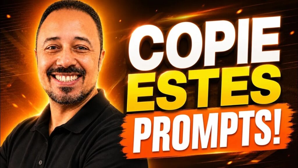 Professor sorrindo ao lado da chamada “Copie estes prompts!”, com fundo laranja impactante e estilo de thumbnail para conteúdo sobre IA na educação.
