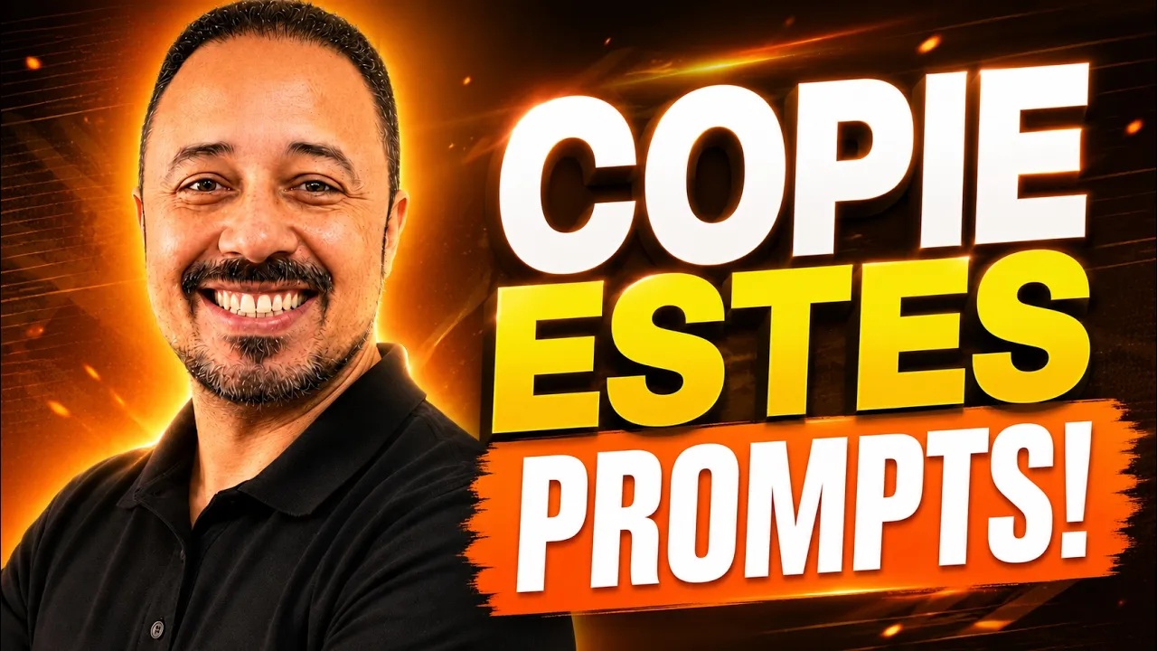 Professor sorrindo ao lado da chamada “Copie estes prompts!”, com fundo laranja impactante e estilo de thumbnail para conteúdo sobre IA na educação.