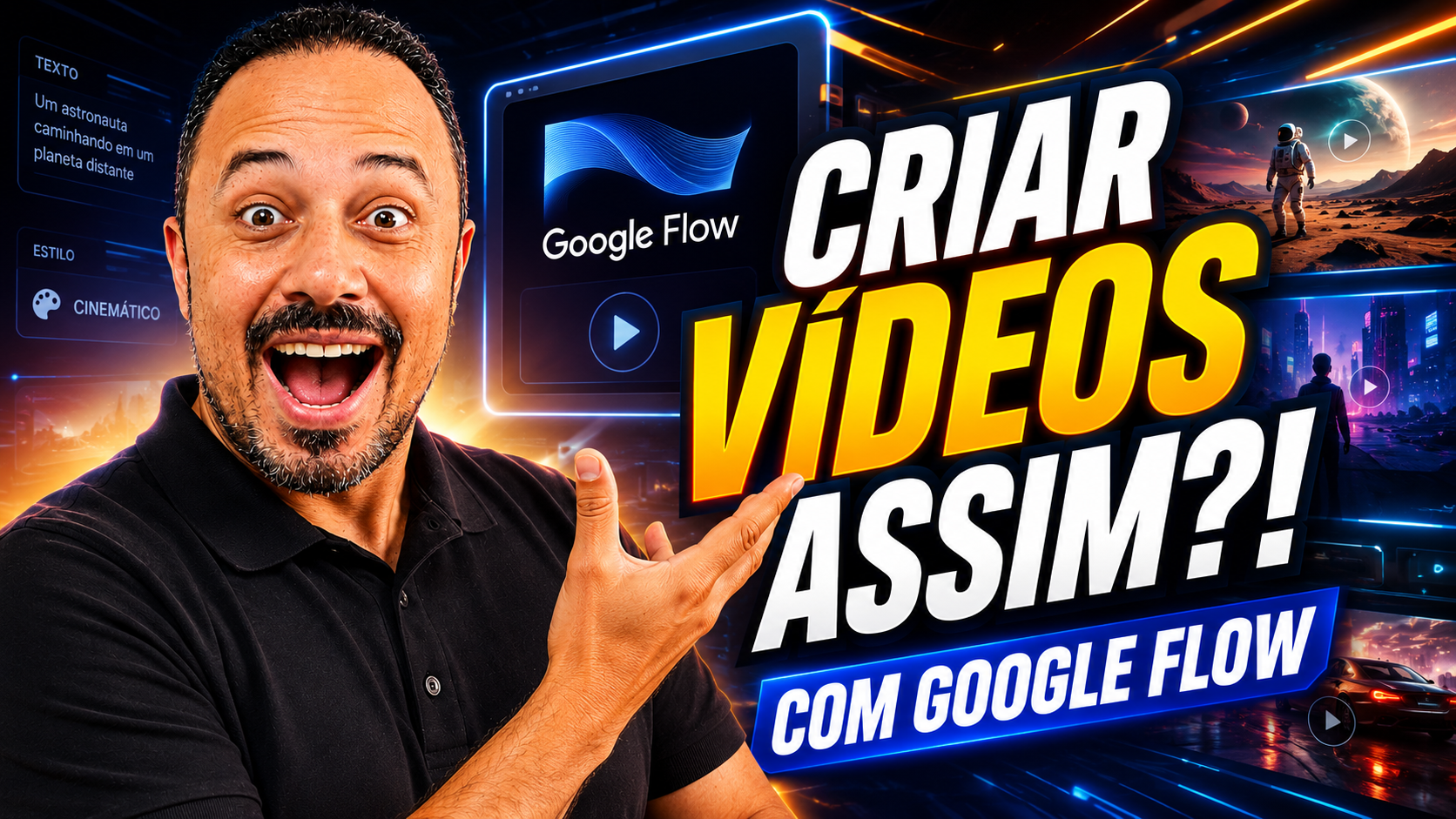 Professor surpreso apontando para a chamada “Criar vídeos assim?! com Google Flow”, com telas de cenas cinematográficas geradas por IA.