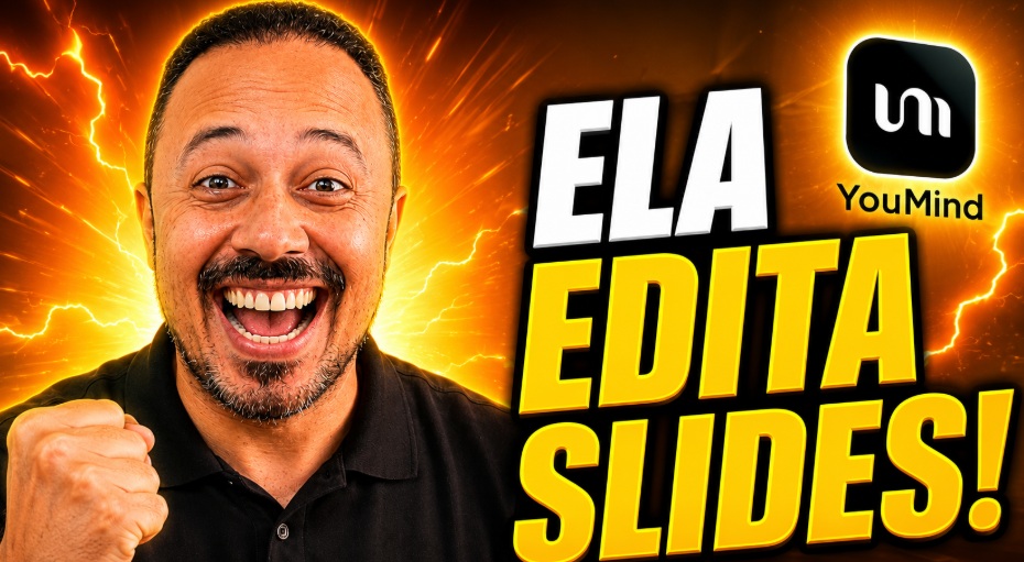 Professor sorrindo com expressão animada ao lado da chamada “Ela edita slides!”, com logotipo do YouMind e fundo laranja com efeitos de energia.