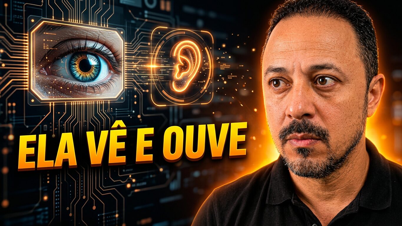 Professor observando elementos de visão e audição artificial, com a chamada “Ela vê e ouve” em fundo tecnológico com circuitos e efeitos luminosos.