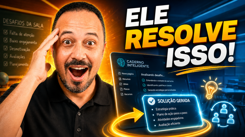 Professor surpreso ao lado da chamada “Ele resolve isso!”, com caderno inteligente, solução gerada por IA e desafios da sala de aula.