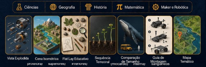 Painel com exemplos de estilos visuais para prompts educacionais com IA, organizado por áreas como Ciências, Geografia, História, Matemática, Maker e Robótica