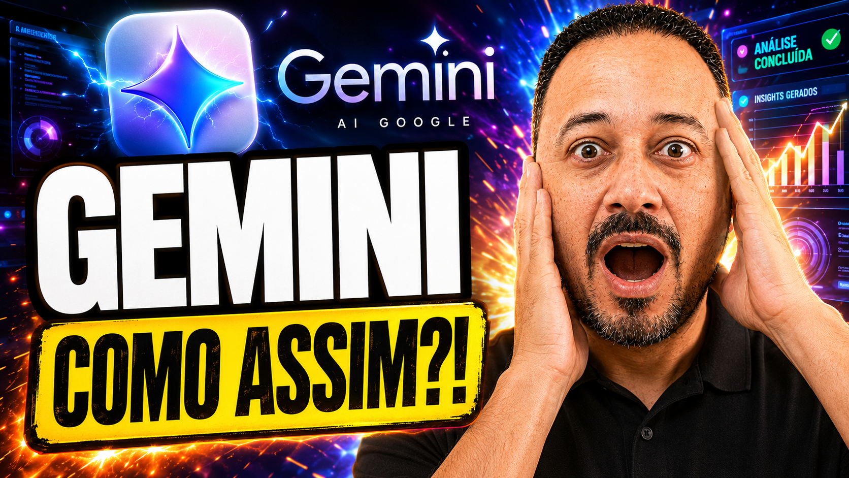 Professor surpreso ao lado da chamada “Gemini como assim?!”, com logotipo do Gemini, painéis de análise, gráficos e elementos de inteligência artificial.