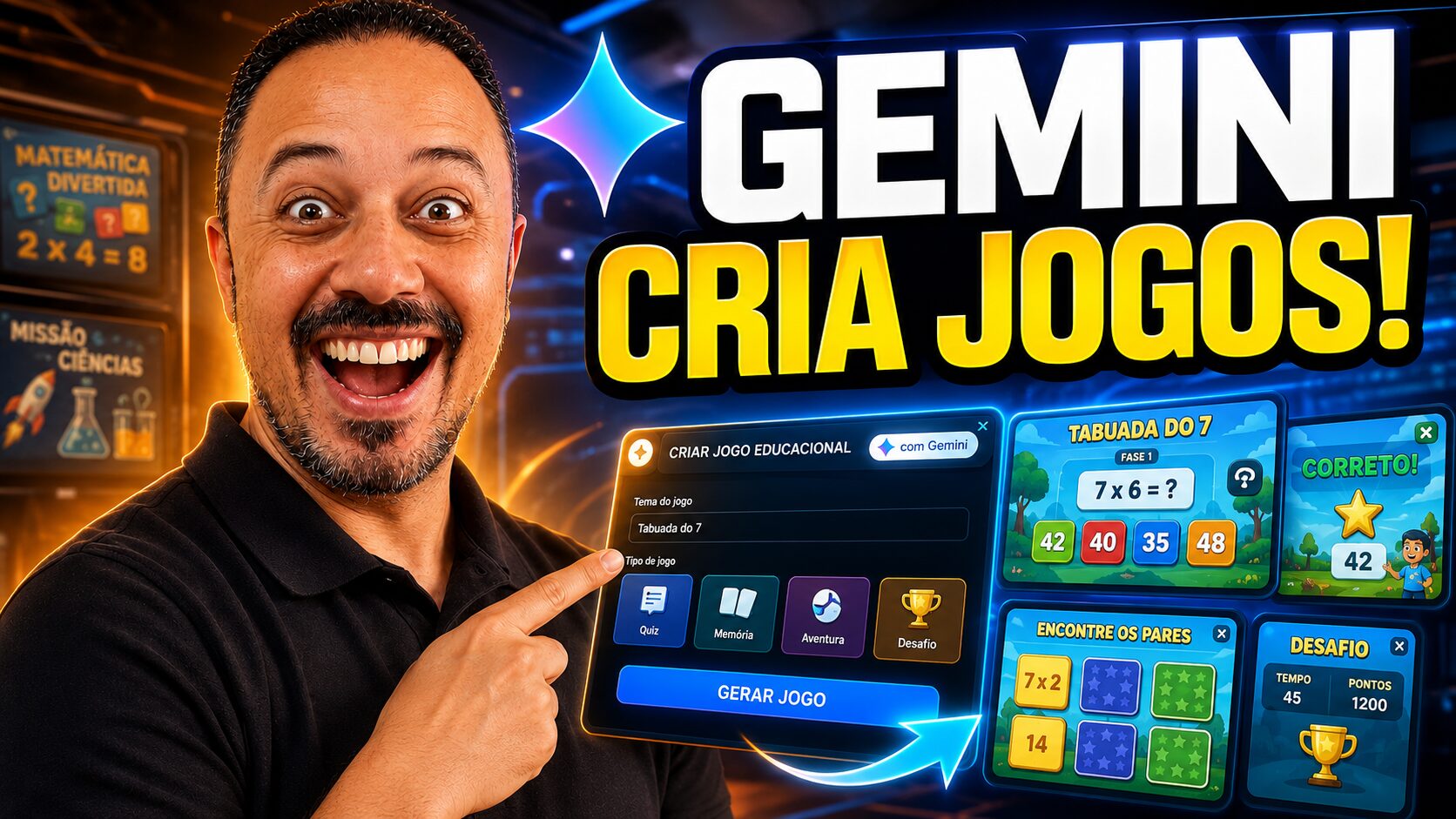 Professor sorrindo e apontando para uma tela de criação de jogos educacionais com Gemini, com exemplos de quiz, memória e desafio sobre tabuada.