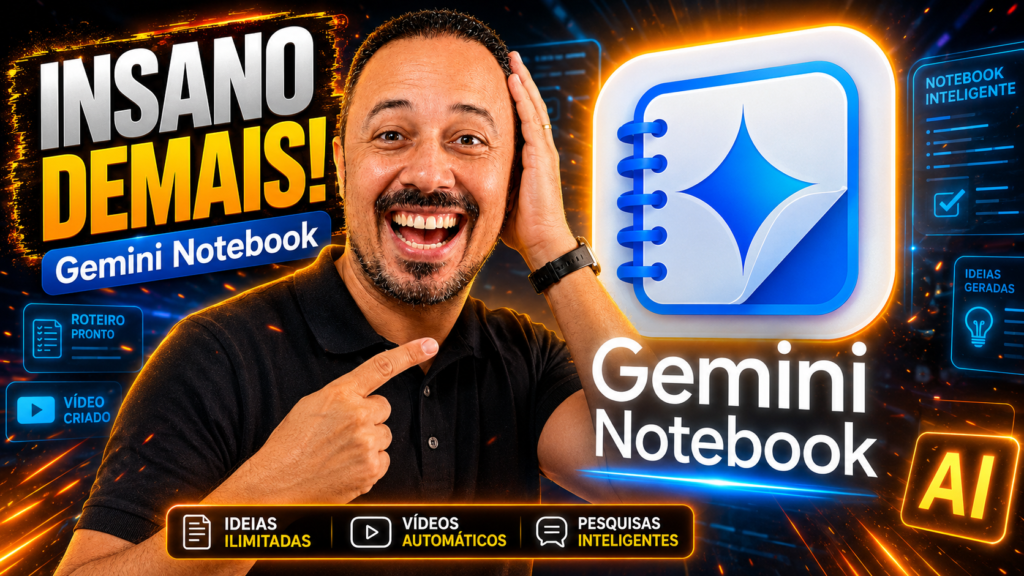 Professor sorrindo e apontando para o Gemini Notebook, com a chamada “Insano demais!”, destacando ideias ilimitadas, vídeos automáticos e pesquisas inteligentes.