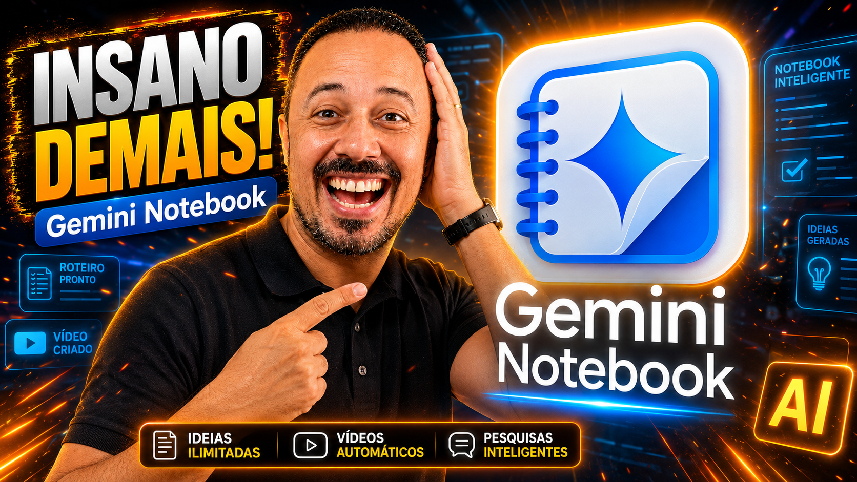 Professor sorrindo e apontando para o Gemini Notebook, com a chamada “Insano demais!”, destacando ideias ilimitadas, vídeos automáticos e pesquisas inteligentes.