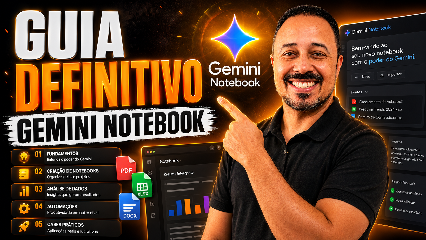 Professor sorrindo e apontando para a chamada “Guia Definitivo Gemini Notebook”, com elementos de IA, arquivos PDF, XLSX e DOCX, painel de análise e recursos de automação.