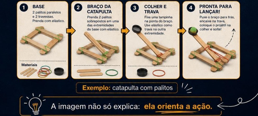Infográfico educativo mostrando o passo a passo para montar uma catapulta com palitos, elásticos e tampinha, organizado em quatro etapas visuais