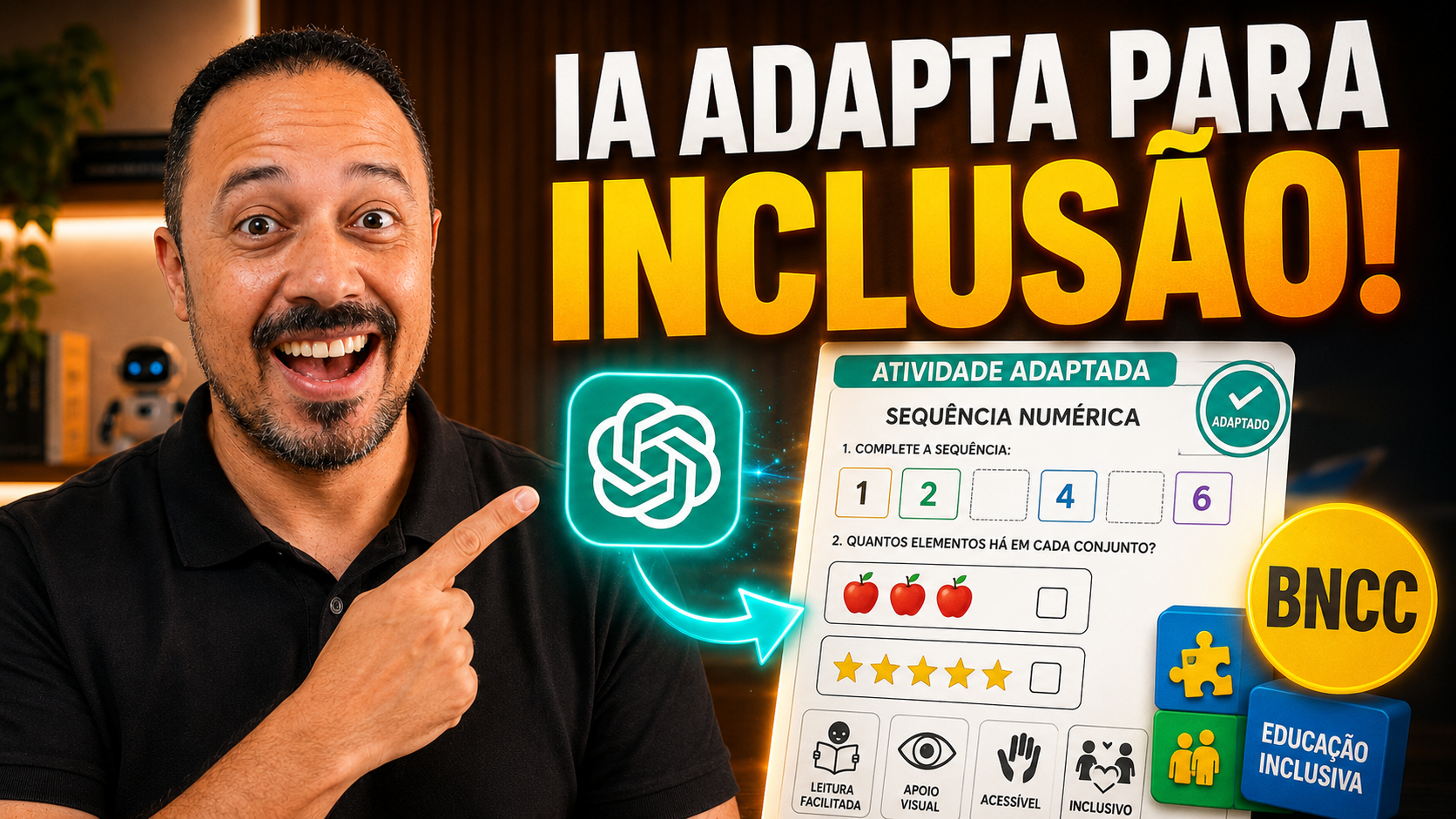 Professor sorrindo e apontando para o ChatGPT ao lado da chamada “IA adapta para inclusão”, com atividade adaptada, BNCC e elementos de educação inclusiva.