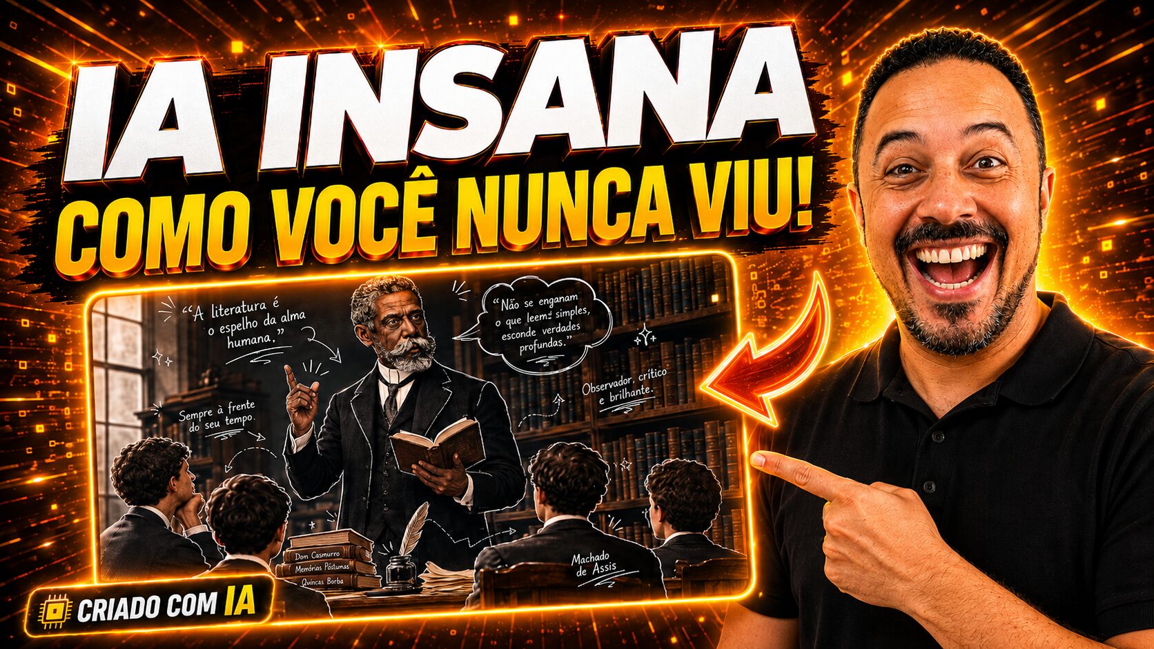 Professor sorrindo e apontando para uma cena criada com IA sobre Machado de Assis, com a chamada “IA Insana como você nunca viu”.