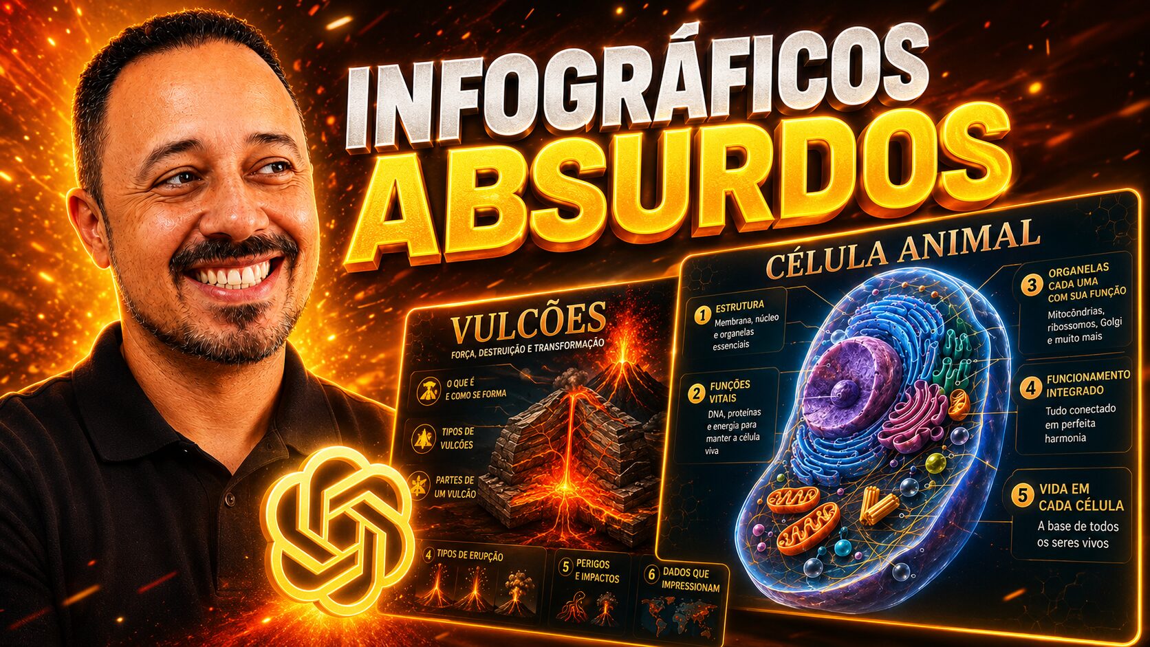 Professor sorrindo ao lado da chamada “Infográficos Absurdos”, com exemplos visuais sobre vulcões e célula animal criados com inteligência artificial.