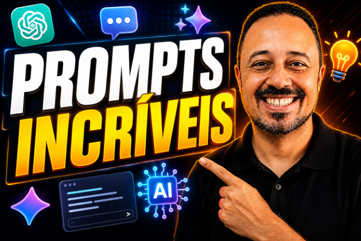 Professor sorrindo e apontando para a chamada “Prompts incríveis”, com ícones de ChatGPT, IA, balão de conversa e elementos luminosos em fundo escuro tecnológico.