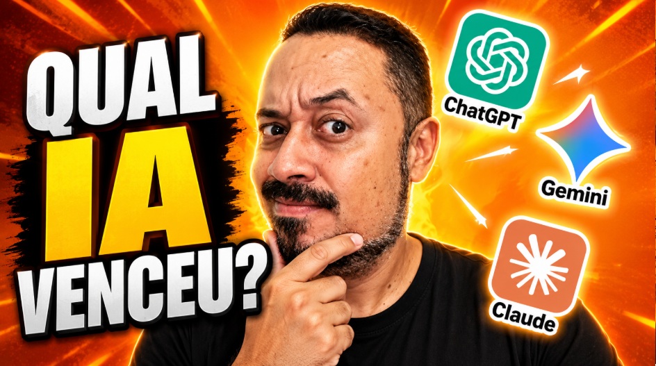 Professor com expressão pensativa ao lado da chamada “Qual IA venceu?”, com ícones do ChatGPT, Gemini e Claude em destaque sobre fundo laranja tecnológico.