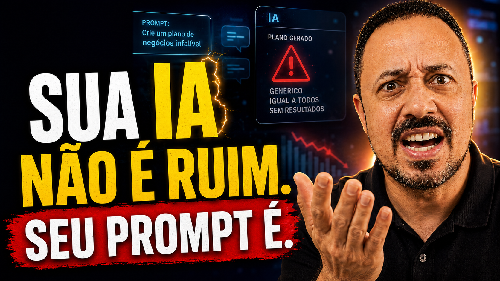 Professor com expressão preocupada ao lado da chamada “Sua IA não é ruim. Seu prompt é.”, com alerta de plano genérico gerado por IA em fundo escuro tecnológico.