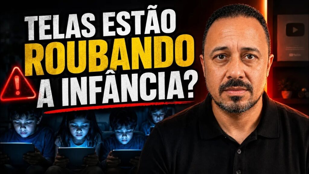Professor com expressão séria ao lado da chamada “Telas estão roubando a infância?”, com crianças usando tablets em ambiente escuro e símbolo de alerta vermelho.
