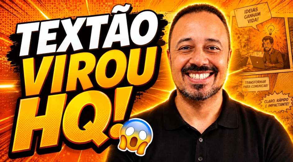 Professor sorrindo ao lado da chamada “Textão virou HQ!”, com fundo laranja em estilo quadrinhos e elementos visuais sobre transformar ideias em comunicação impactante.