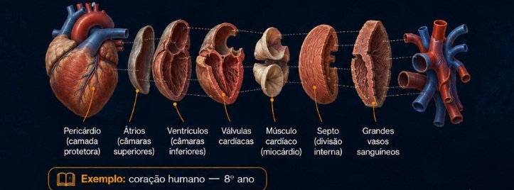 Ilustração didática em vista explodida do coração humano, mostrando suas principais partes internas e externas, como pericárdio, átrios, ventrículos, válvulas, miocárdio, septo e grandes vasos sanguíneos