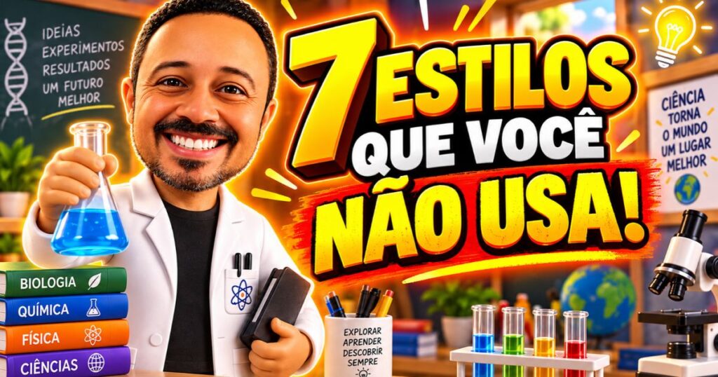Professor sorrindo em laboratório de ciências ao lado da chamada “7 estilos que você não usa”, com jaleco, tubos de ensaio, microscópio, livros de Biologia, Química, Física e Ciências.