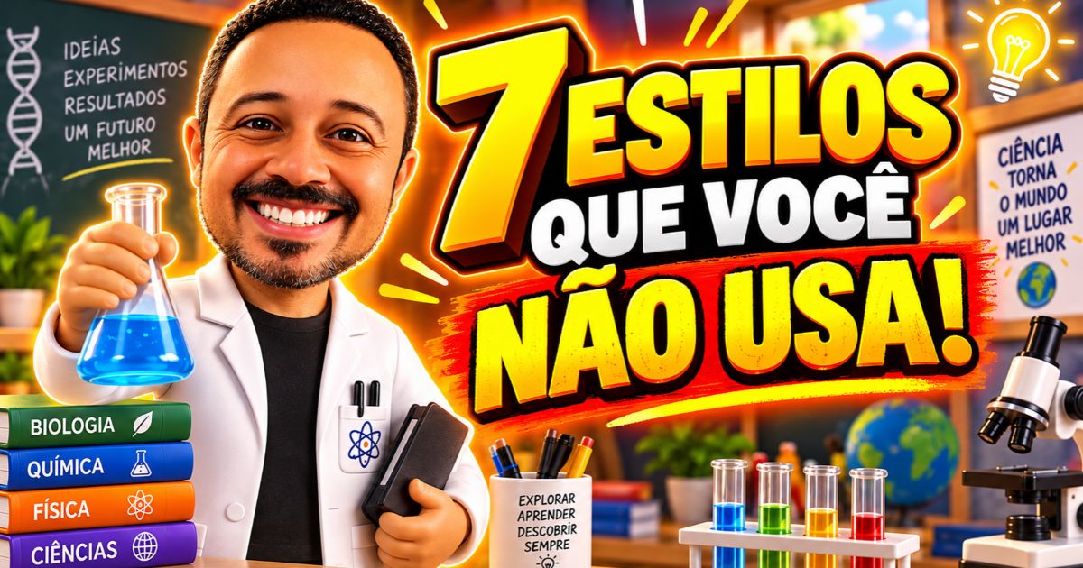 Professor sorrindo em laboratório de ciências ao lado da chamada “7 estilos que você não usa”, com jaleco, tubos de ensaio, microscópio, livros de Biologia, Química, Física e Ciências.