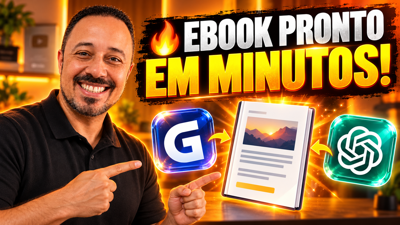 Professor sorrindo e apontando para a chamada “Ebook pronto em minutos”, com ícones do Google e ChatGPT, um ebook ilustrado ao centro e fundo tecnológico em tons de laranja.