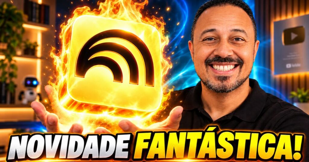 Professor sorrindo segurando um ícone luminoso em chamas, com a chamada “Novidade fantástica” em destaque e fundo tecnológico em tons de azul e laranja.
