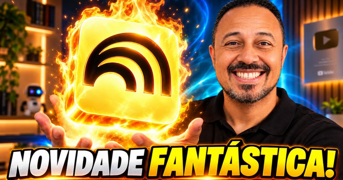 Professor sorrindo segurando um ícone luminoso em chamas, com a chamada “Novidade fantástica” em destaque e fundo tecnológico em tons de azul e laranja.