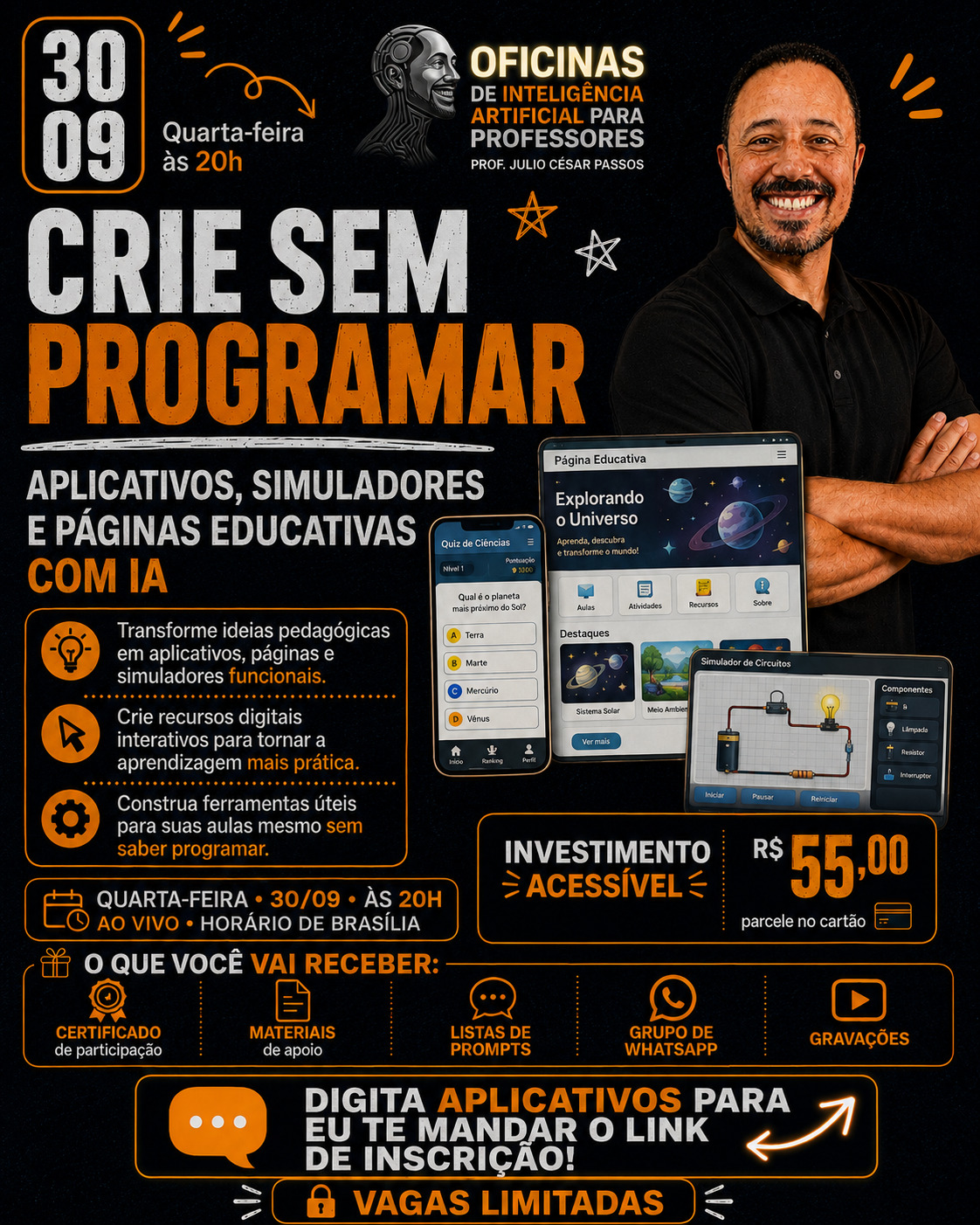 Banner de apresentação da oficina Crie sem Programar: Aplicativos, Simuladores e Páginas Educativas com IA