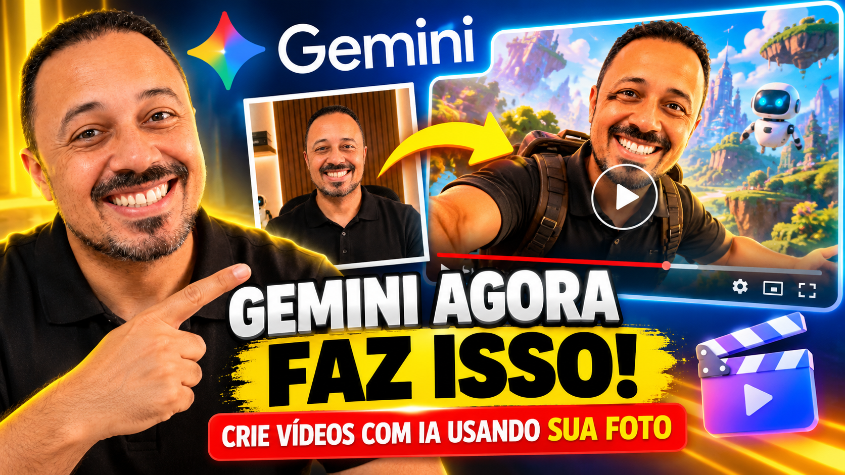 Prof. Julio César Passos apresentando o Gemini e demonstrando como transformar uma fotografia pessoal em um vídeo com Inteligência Artificial, utilizando cenários animados e recursos de geração de vídeo por IA.