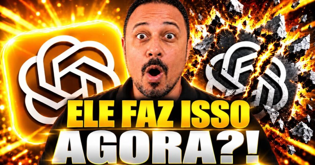 Prof. Julio César Passos com expressão de surpresa entre dois símbolos do ChatGPT, um iluminado e outro se fragmentando, com a chamada “Ele faz isso agora?!”, destacando novidades da Inteligência Artificial.