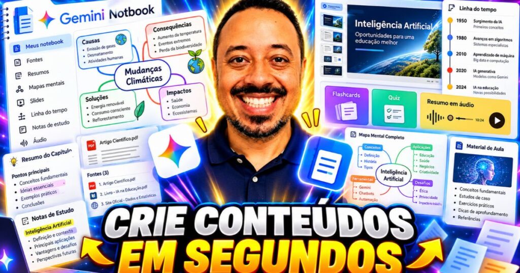 Professor sorrindo ao centro da imagem, com a chamada “Crie conteúdos em segundos”, cercado por telas do Gemini Notebook com mapa mental, slides, flashcards, quiz, linha do tempo, resumo em áudio e materiais de aula.